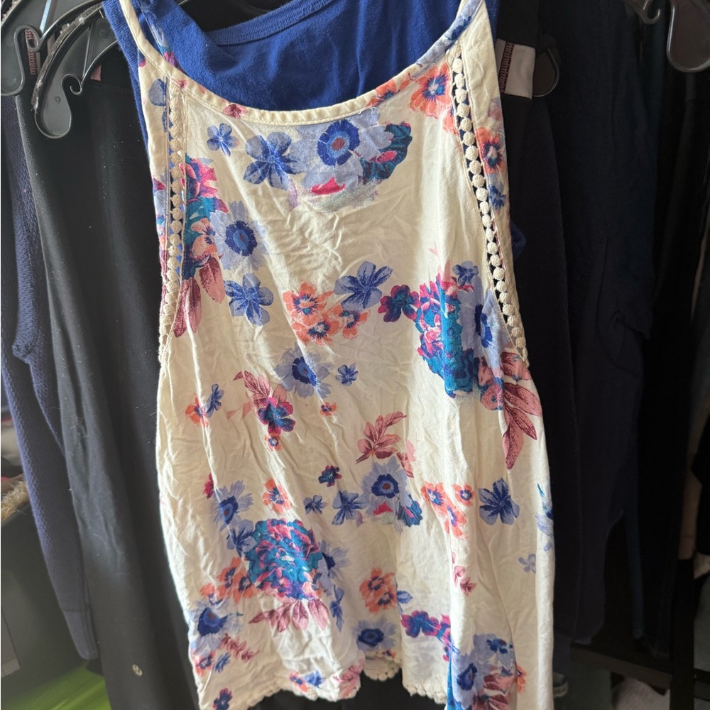 Floral Sleeveless Top - Cream and Blue